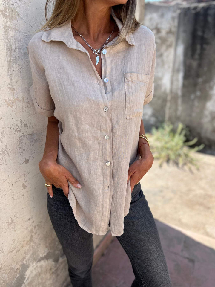 Camisa casual de algodão e linho com lapela