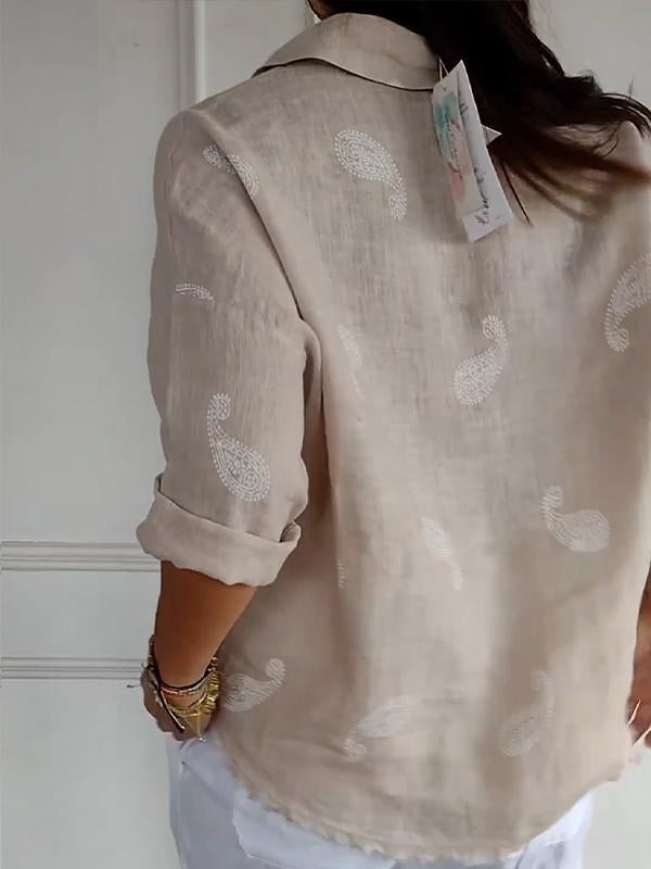 Camisa com Lapela e Mangas 3/4 de Algodão e Linho