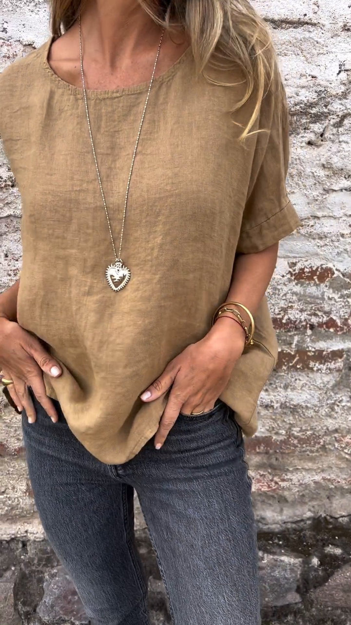 Blusa de Algodão e Linho com Gola Redonda e Mangas Curtas de Cor Sólida