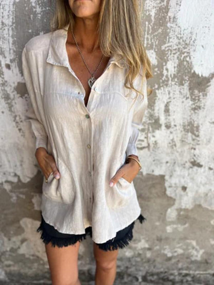 Camisa de Algodão e Linho com Lapela de Cor Sólida