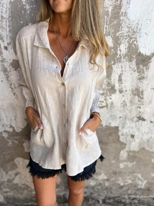 Camisa de Algodão e Linho com Lapela de Cor Sólida