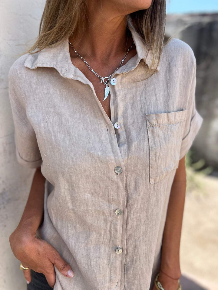 Camisa casual de algodão e linho com lapela