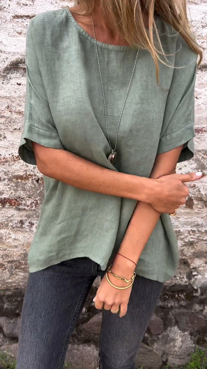 Blusa de Algodão e Linho com Gola Redonda e Mangas Curtas de Cor Sólida