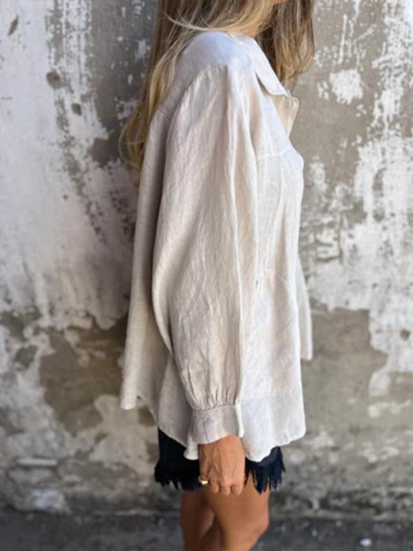 Camisa de Algodão e Linho com Lapela de Cor Sólida