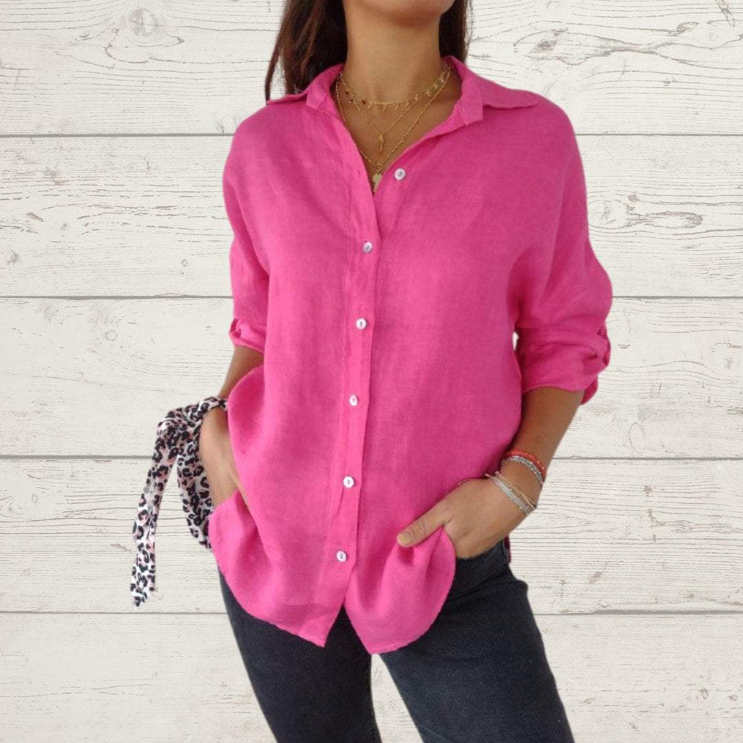 Camisa Feminina de Algodão e Linho com Botões de Cor Sólida