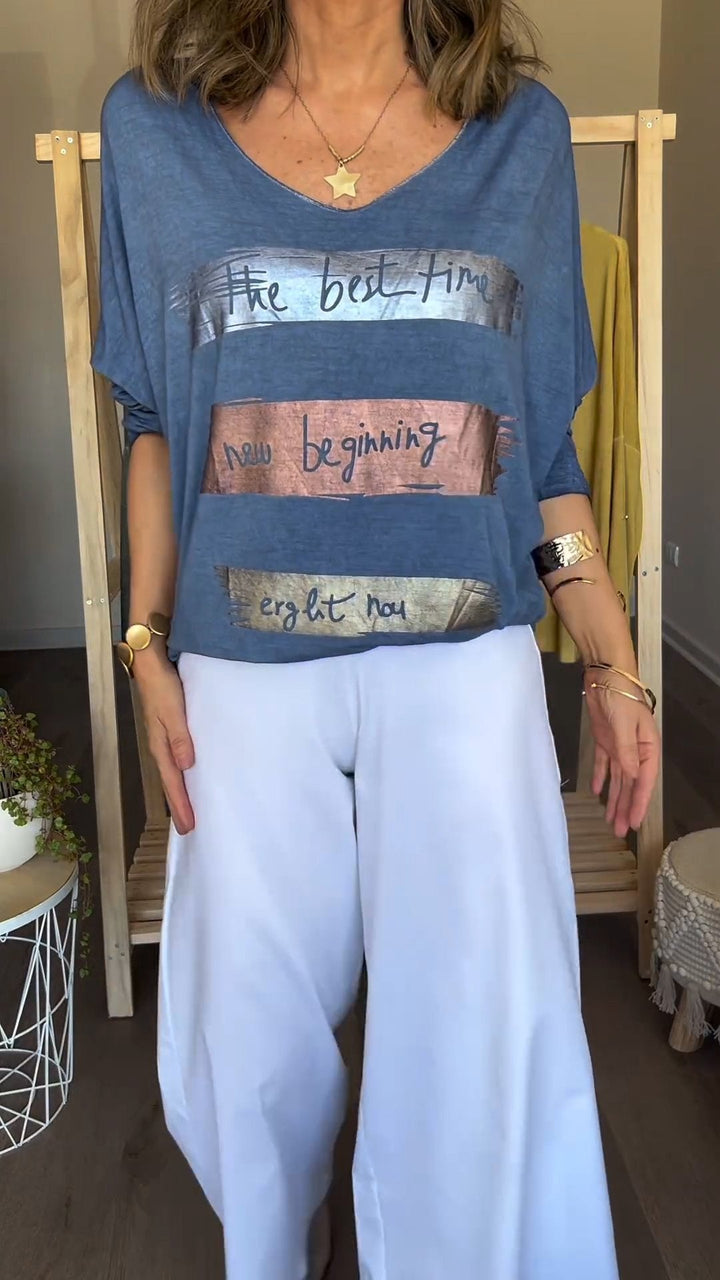 Camiseta Longa com Estampa e Decote em V