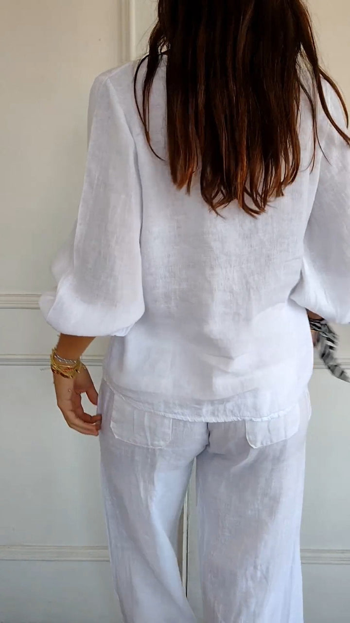 Camisa de Algodão e Linho com Mangas Bufantes