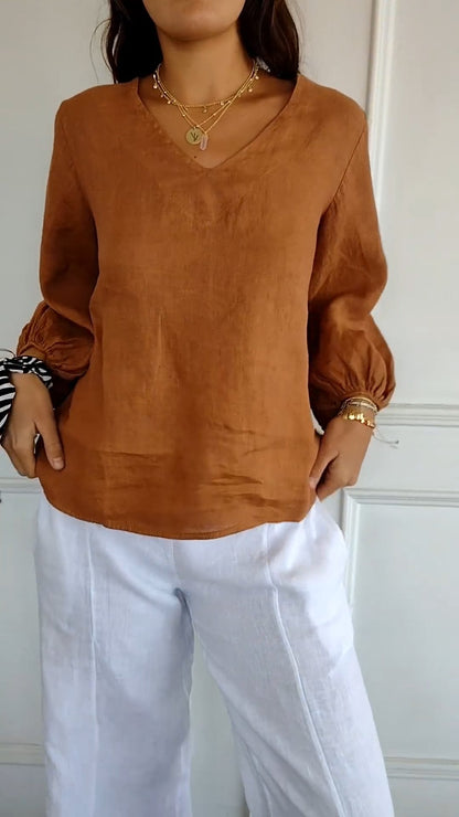 Camisa de Algodão e Linho com Mangas Bufantes