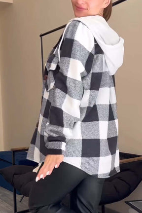 Camisa feminina casual com capuz e estampa xadrez