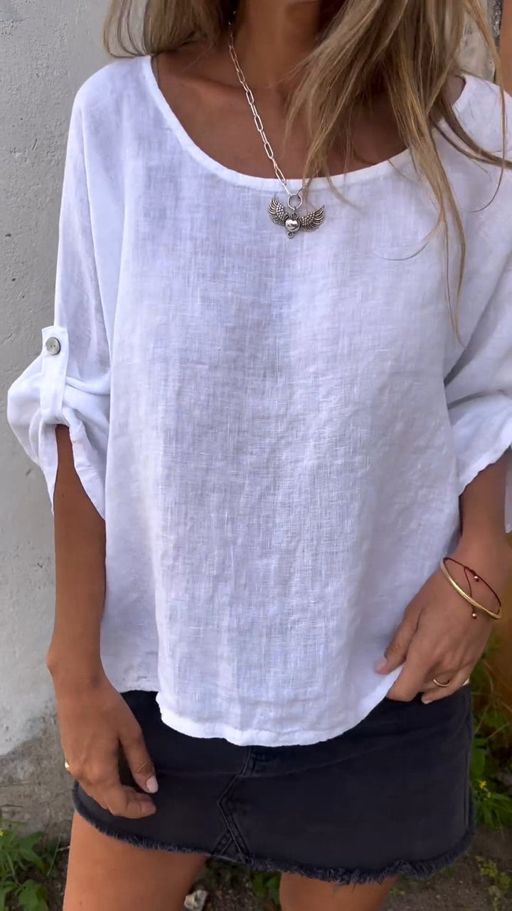 Camisa de Algodão e Linho com Gola Redonda e Mangas 3/4