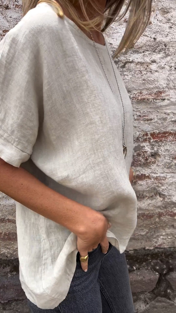 Camiseta de Algodão e Linho com Gola Redonda