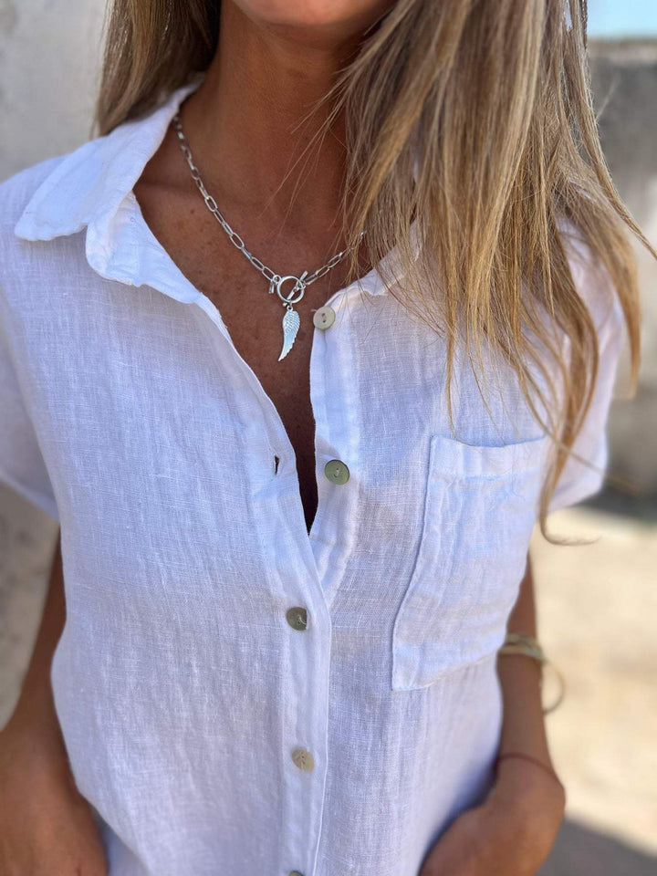 Camisa casual de algodão e linho com lapela