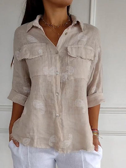 Camisa com Lapela e Mangas 3/4 de Algodão e Linho