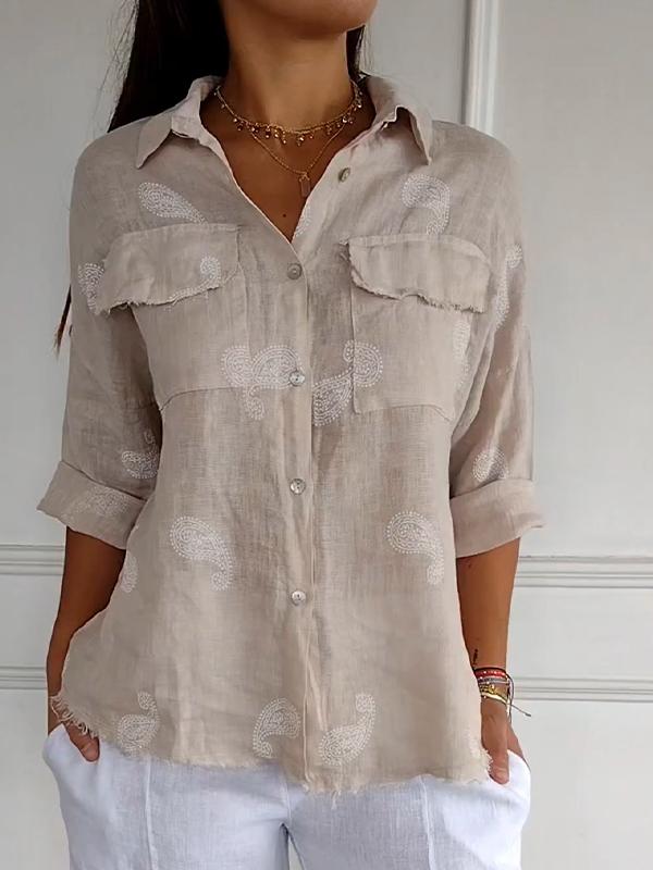 Camisa com Lapela e Mangas 3/4 de Algodão e Linho