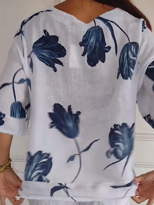 Camisa casual feminina de algodão e linho com estampa