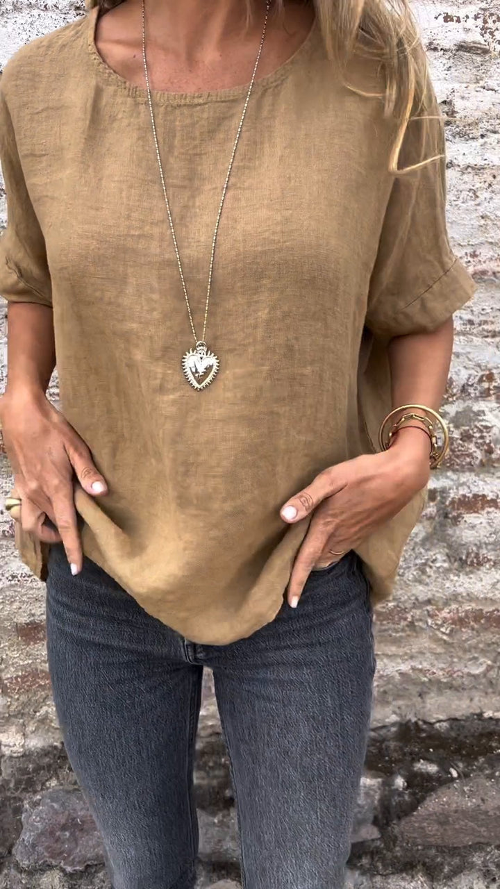 Blusa de Algodão e Linho com Gola Redonda e Mangas Curtas de Cor Sólida