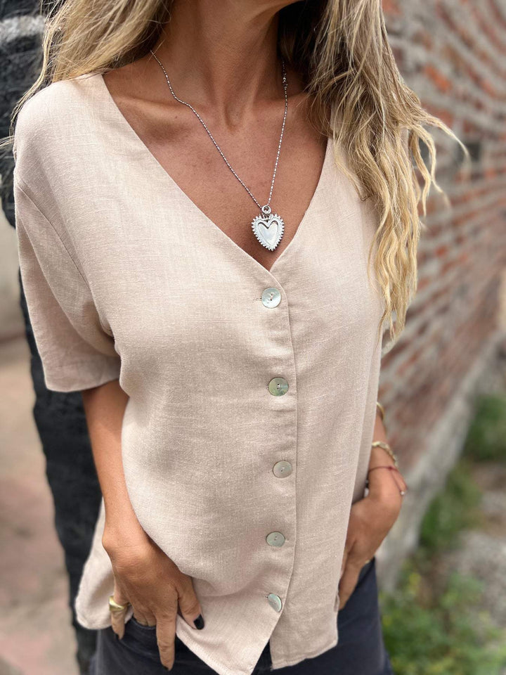 Camisa de Algodão e Linho com Decote em V e Botões