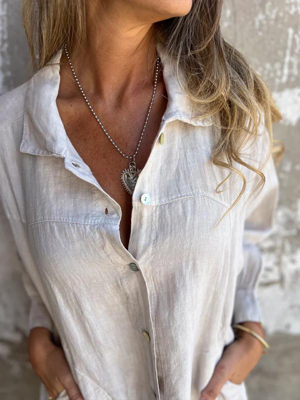 Camisa de Algodão e Linho com Lapela de Cor Sólida