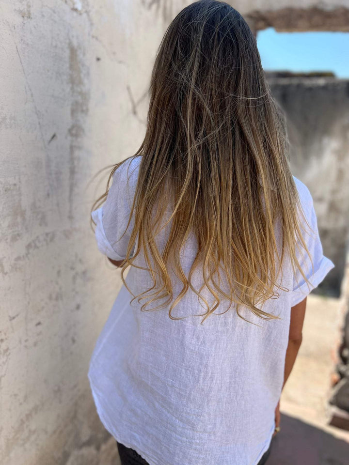 Camisa casual de algodão e linho com lapela