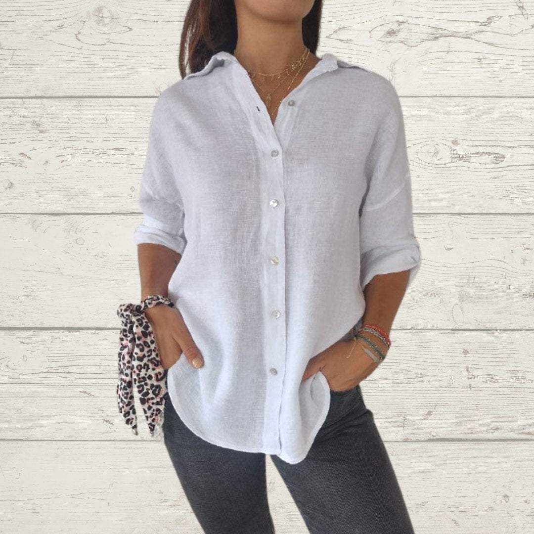 Camisa Feminina de Algodão e Linho com Botões de Cor Sólida