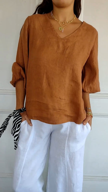 Camisa de Algodão e Linho com Mangas Bufantes