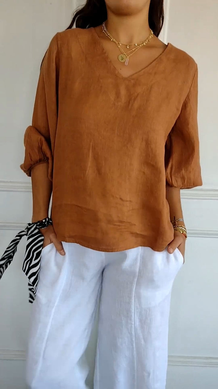 Camisa de Algodão e Linho com Mangas Bufantes