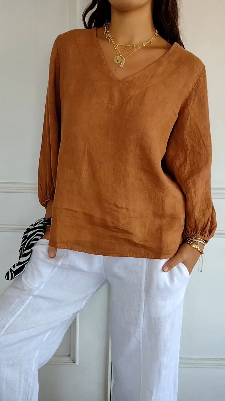 Camisa de Algodão e Linho com Mangas Bufantes