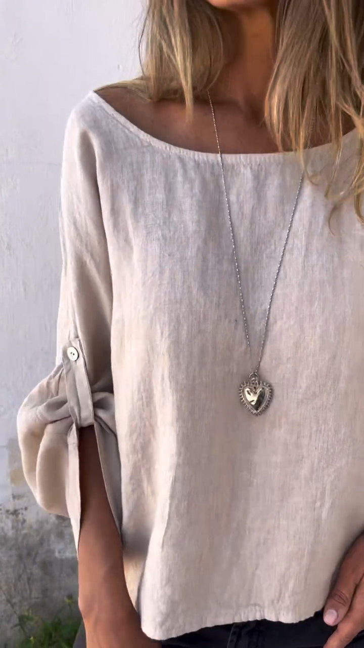 Camisa de Algodão e Linho com Gola Redonda e Mangas 3/4