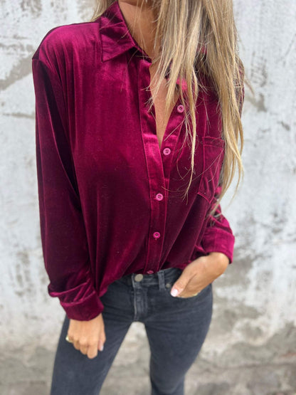 Camisa Casual de Veludo com Gola Lapela e Mangas Longas