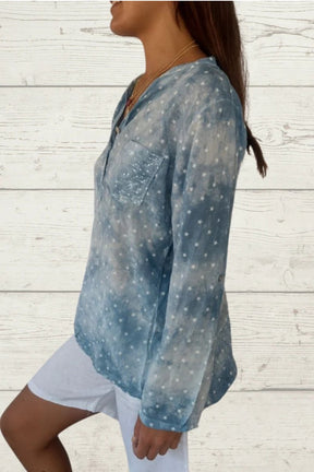 Blusa casual de linho com estampa de estrelas e bolso frontal feminino