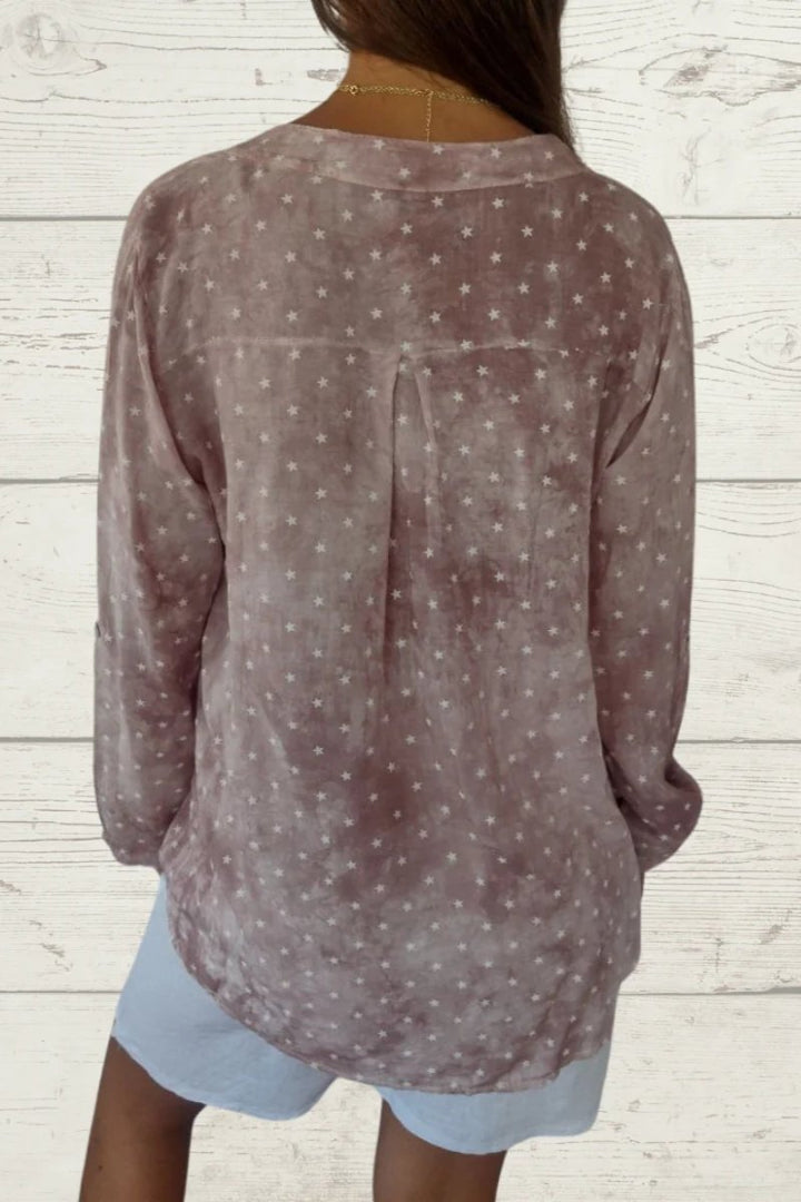 Blusa casual de linho com estampa de estrelas e bolso frontal feminino