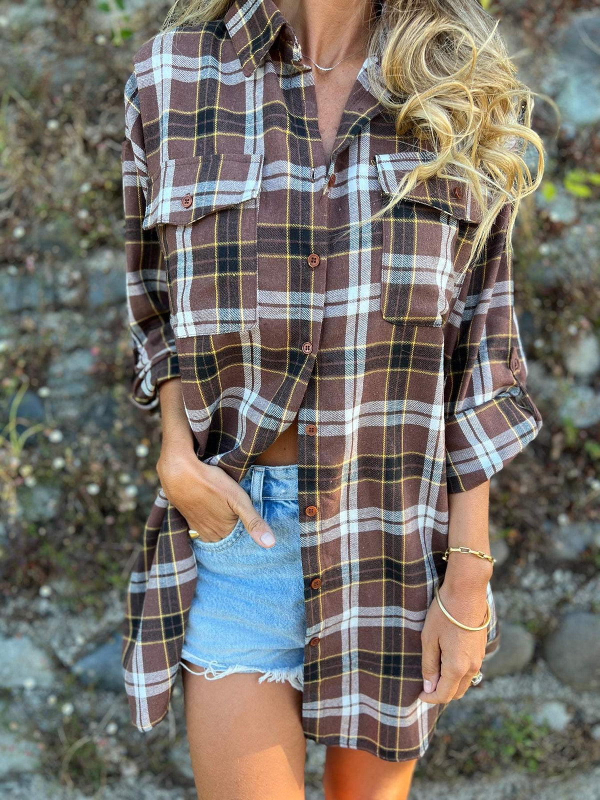 Camisa com Lapela e Mangas 3/4 Xadrez