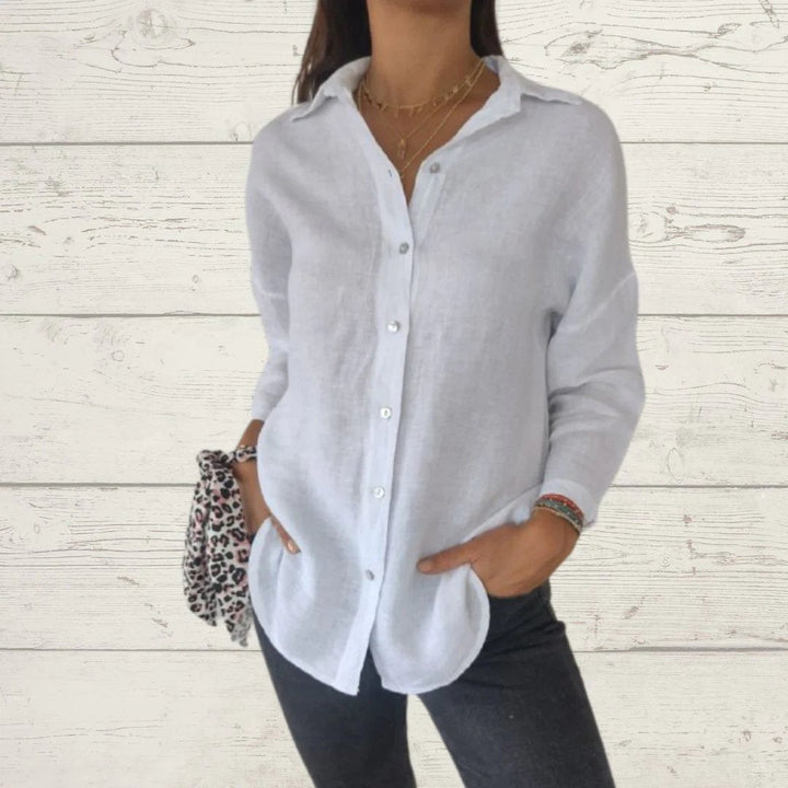 Camisa de algodão e linho com lapela e mangas longas