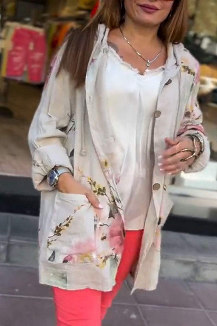 Camisa feminina casual de algodão e linho com estampa floral