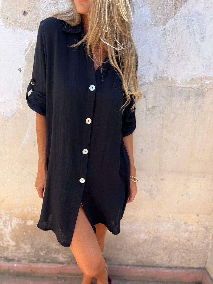 Camisa de Cor Sólida com Mangas 3/4 de Algodão e Linho