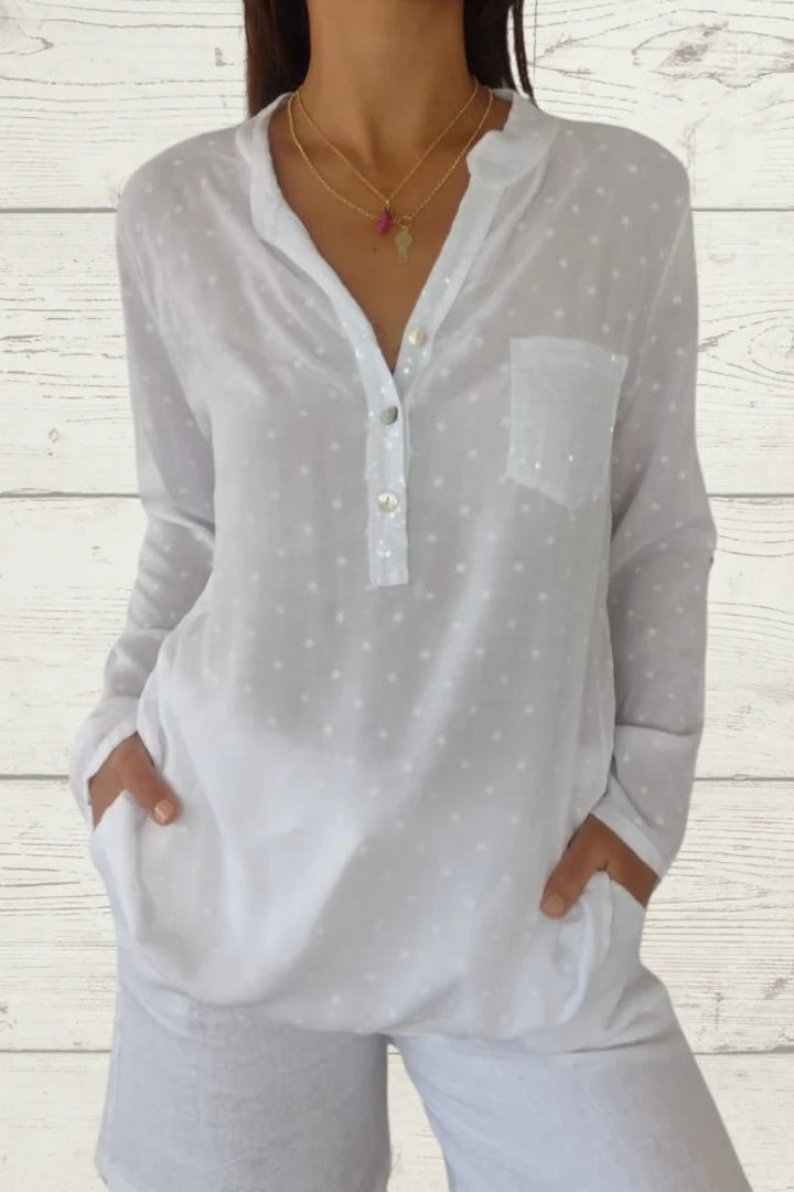 Blusa casual de linho com estampa de estrelas e bolso frontal feminino