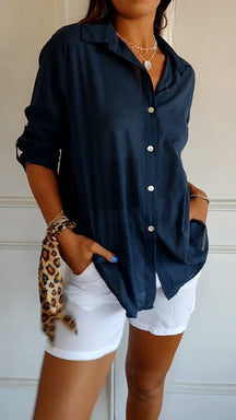 Camisa de Algodão e Linho com Lapela e Mangas 3/4