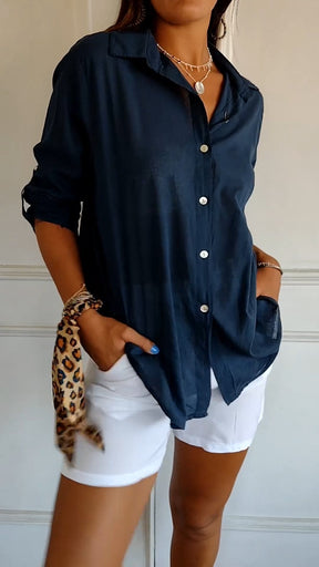 Camisa de Algodão e Linho com Lapela e Mangas 3/4