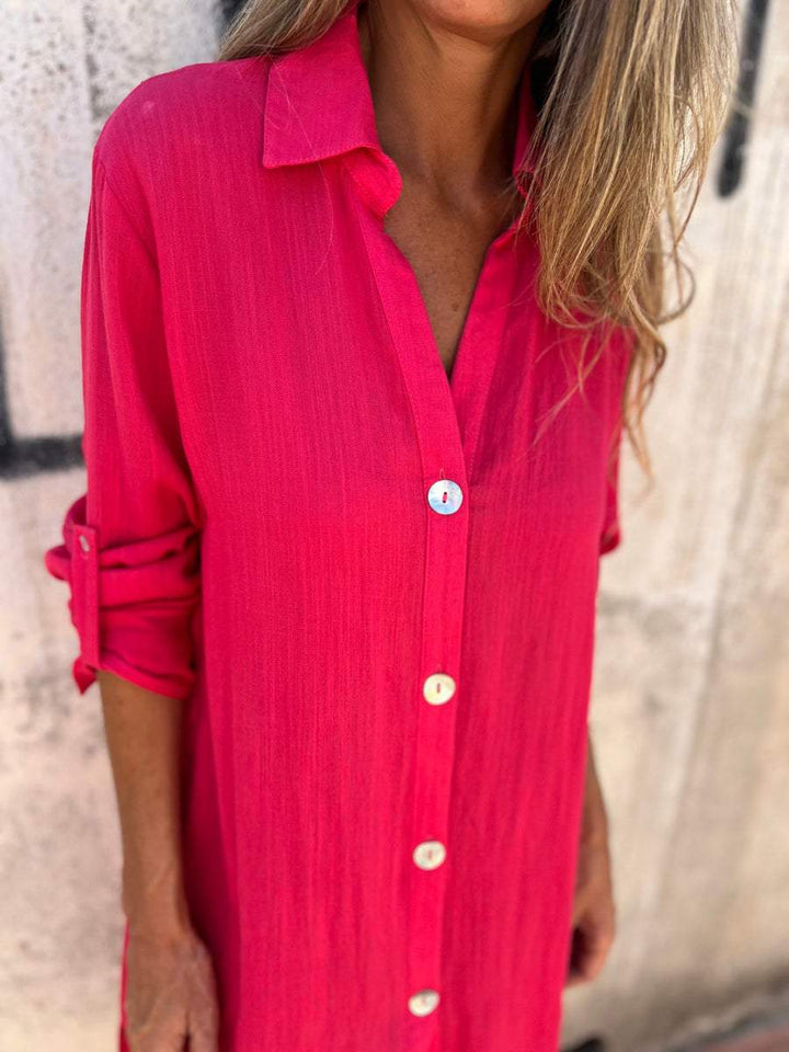 Camisa de Cor Sólida com Mangas 3/4 de Algodão e Linho