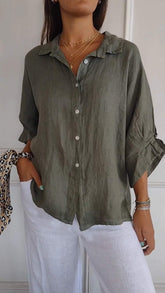Camisa casual com amarração nas costas e lapela, de algodão e linho