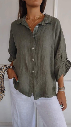 Camisa casual com amarração nas costas e lapela, de algodão e linho