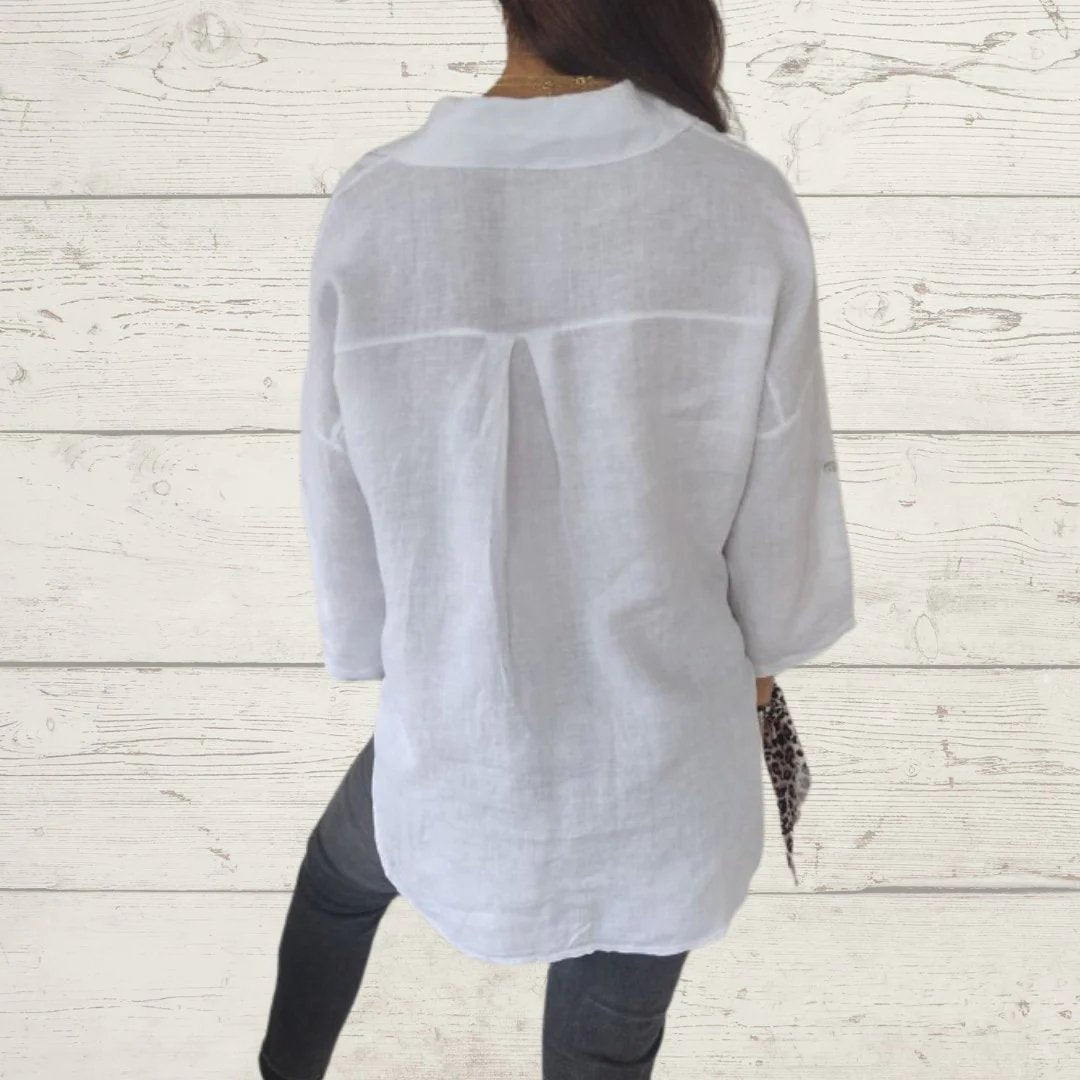 Camisa de algodão e linho com lapela e mangas longas