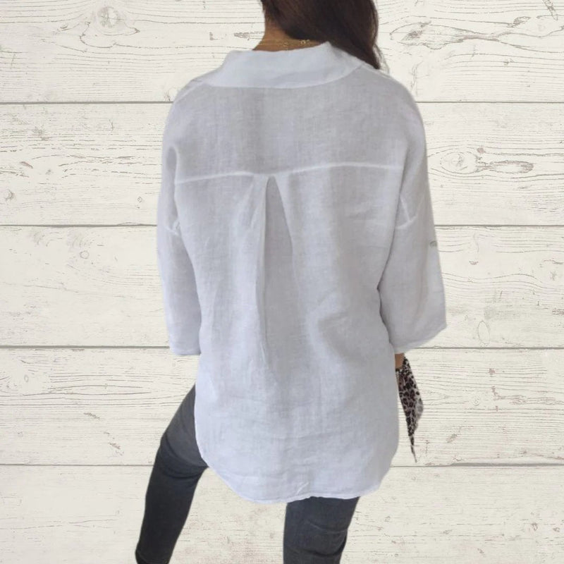 Camisa de algodão e linho com lapela e mangas longas