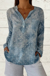 Blusa casual de linho com estampa de estrelas e bolso frontal feminino