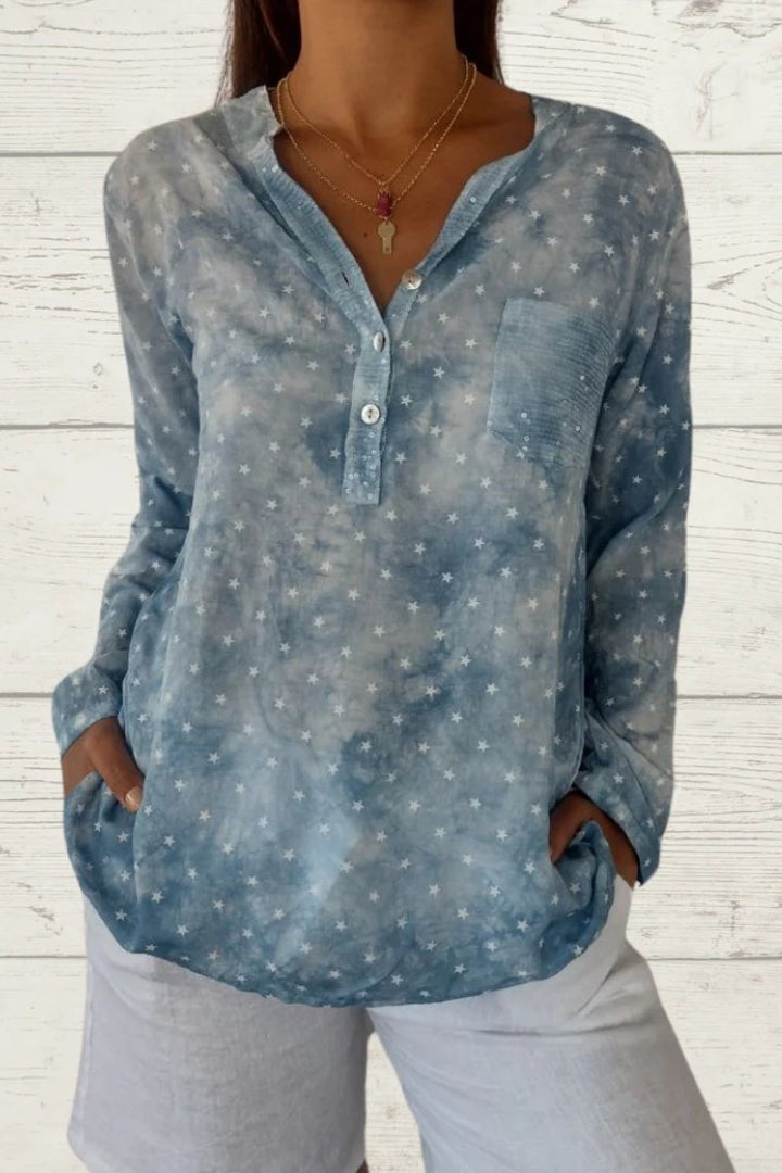 Blusa casual de linho com estampa de estrelas e bolso frontal feminino