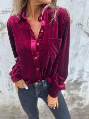 Camisa Casual de Veludo com Gola Lapela e Mangas Longas