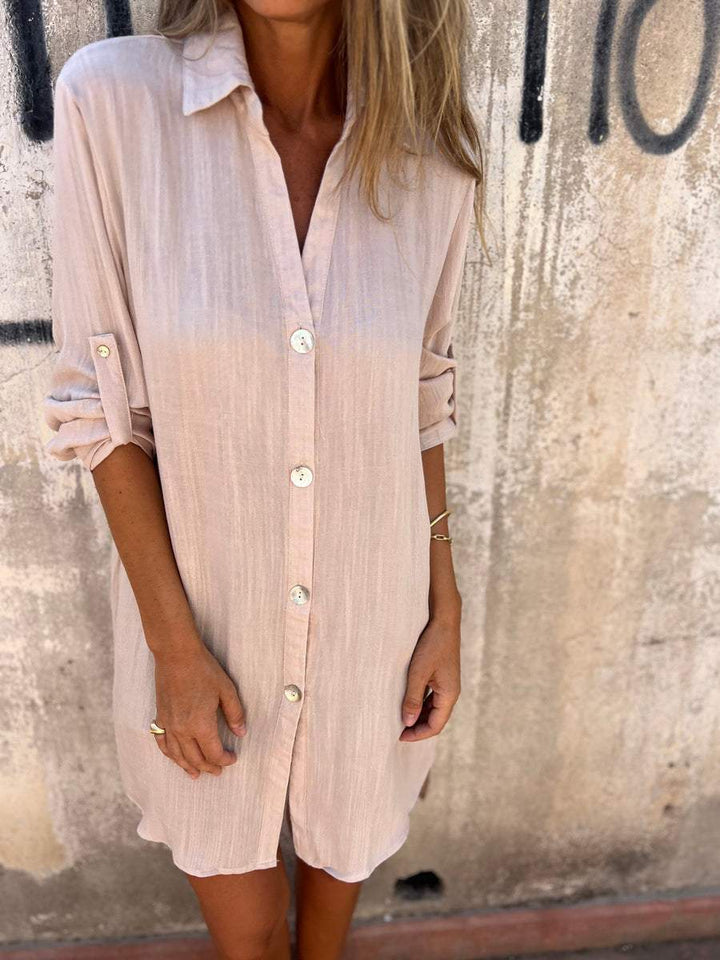 Camisa de Cor Sólida com Mangas 3/4 de Algodão e Linho