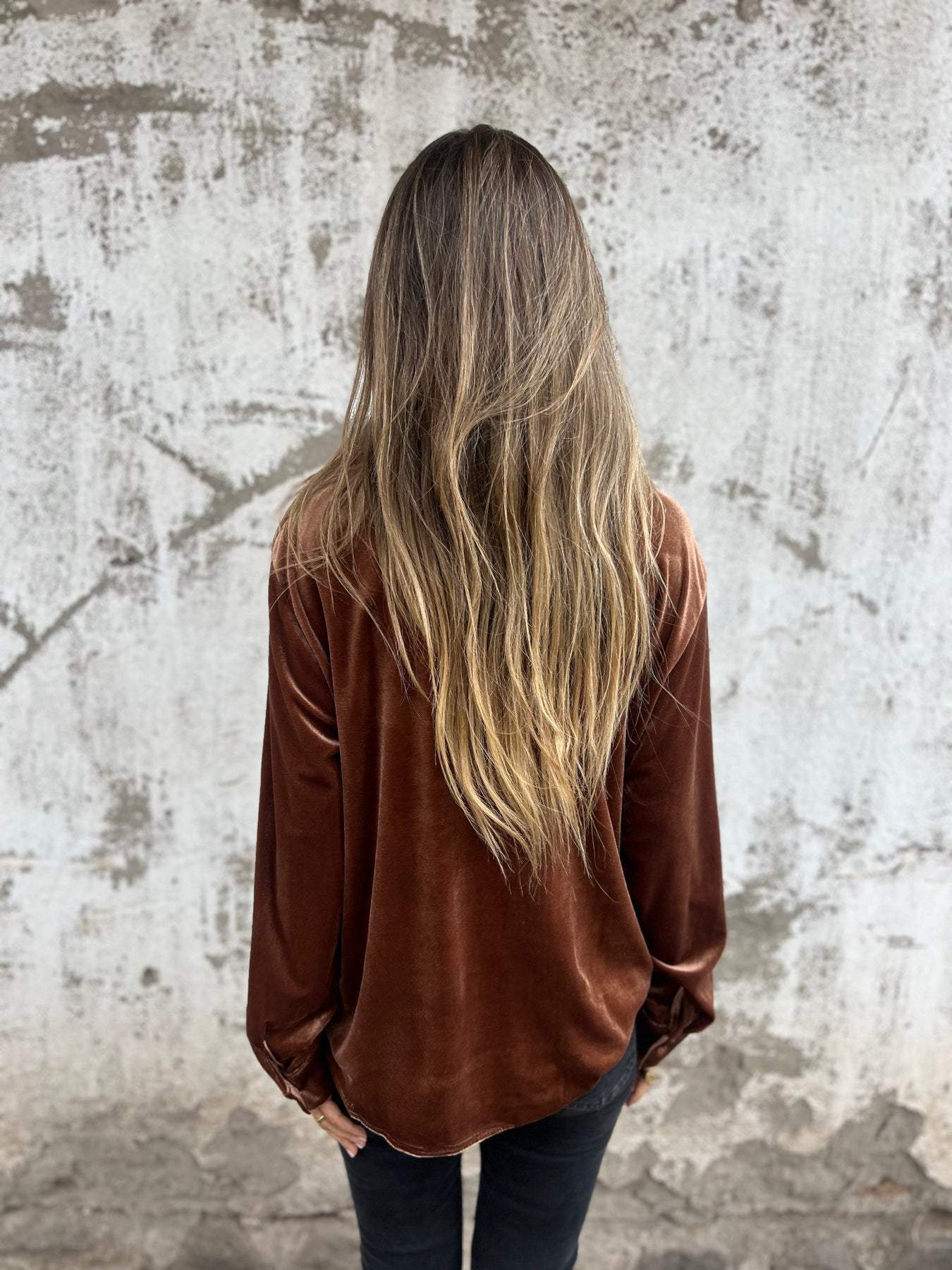 Camisa Casual de Veludo com Gola Lapela e Mangas Longas