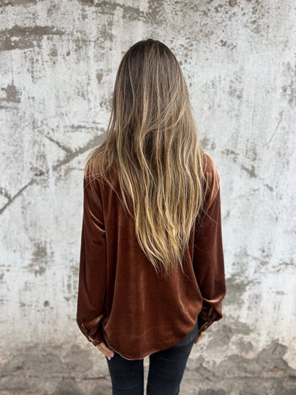 Camisa Casual de Veludo com Gola Lapela e Mangas Longas