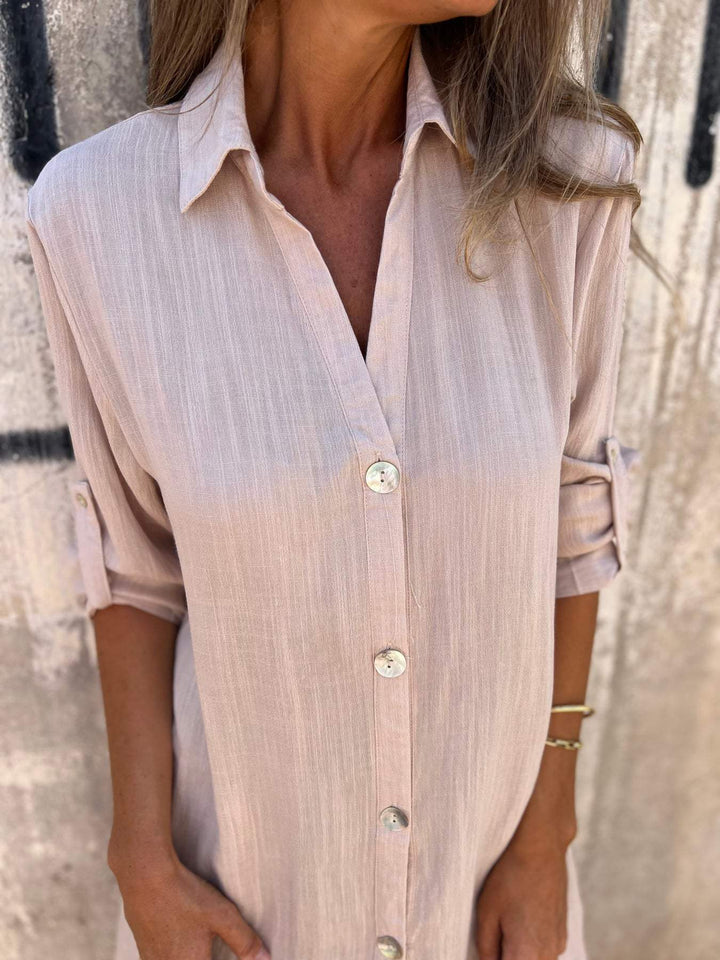 Camisa de Cor Sólida com Mangas 3/4 de Algodão e Linho